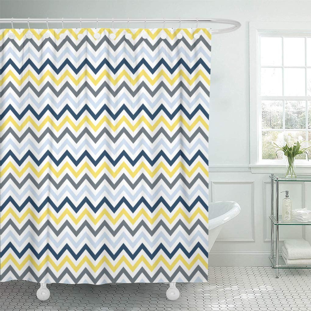 SUTTOM Cute Blue Yellow and Gray Chevron Retro Pattern Shower Curtain