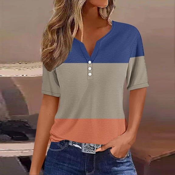 Giftesty Blouses for Women Dressy Casual Women's Casual Printed Color Short-Sleeved Button V-Neck Top Blouse
