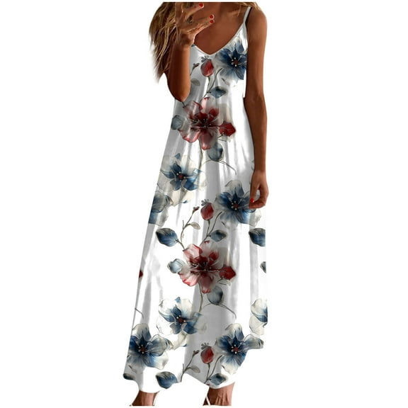 asdoklhq Holiday Dresses for Women Hawaiian Dresses Summer Dresses for Women Print Sleeveless Round Neck Dress Casual Dresses White 2X