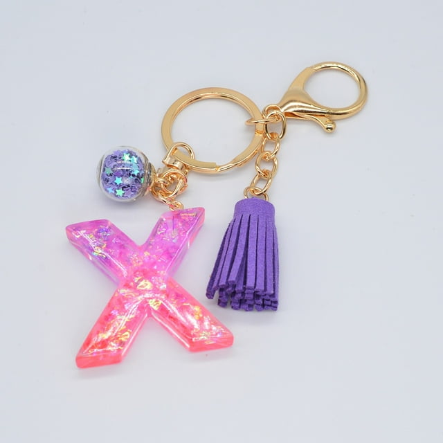 Hangs 2 Resin Glittering Letter Keychain with Color Stitching Flowing Design Purple Drop Glue English Character Key Chain for Daily Use