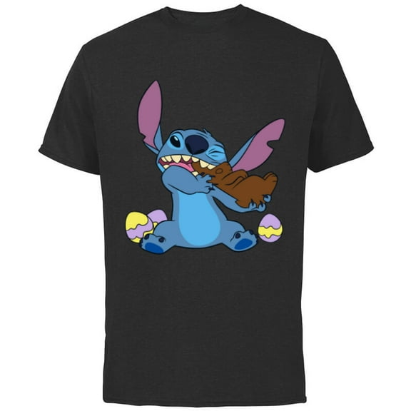 Disney Stitch Eats Chocolate Bunny with Easter Eggs Funny - Short Sleeve Cotton T-Shirt for Adults - Customized-Black