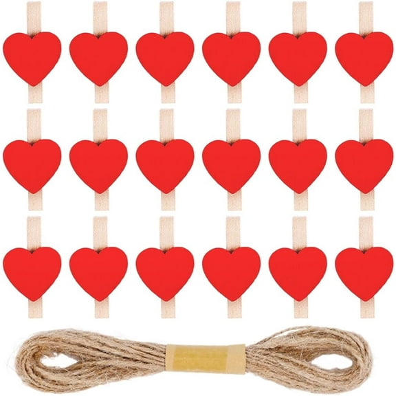 50Pcs Red Wooden Clothespins Mini Heart Clips Cute Clothes Pins Natural Wood Clamp with Jute Twine Reusable for DIY Crafts Picture Memo Paper Hanging Wedding Party Photos Display Decoration