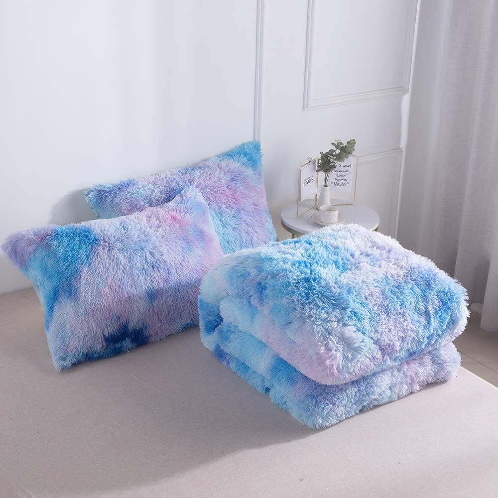 Wajade Plush Shaggy Comforter Set Fluffy Fuzzy Faux Fur Bedding Set - 3PC Microfiber Soft Warm Quilt Set(Galaxy Blue,Queen Size)