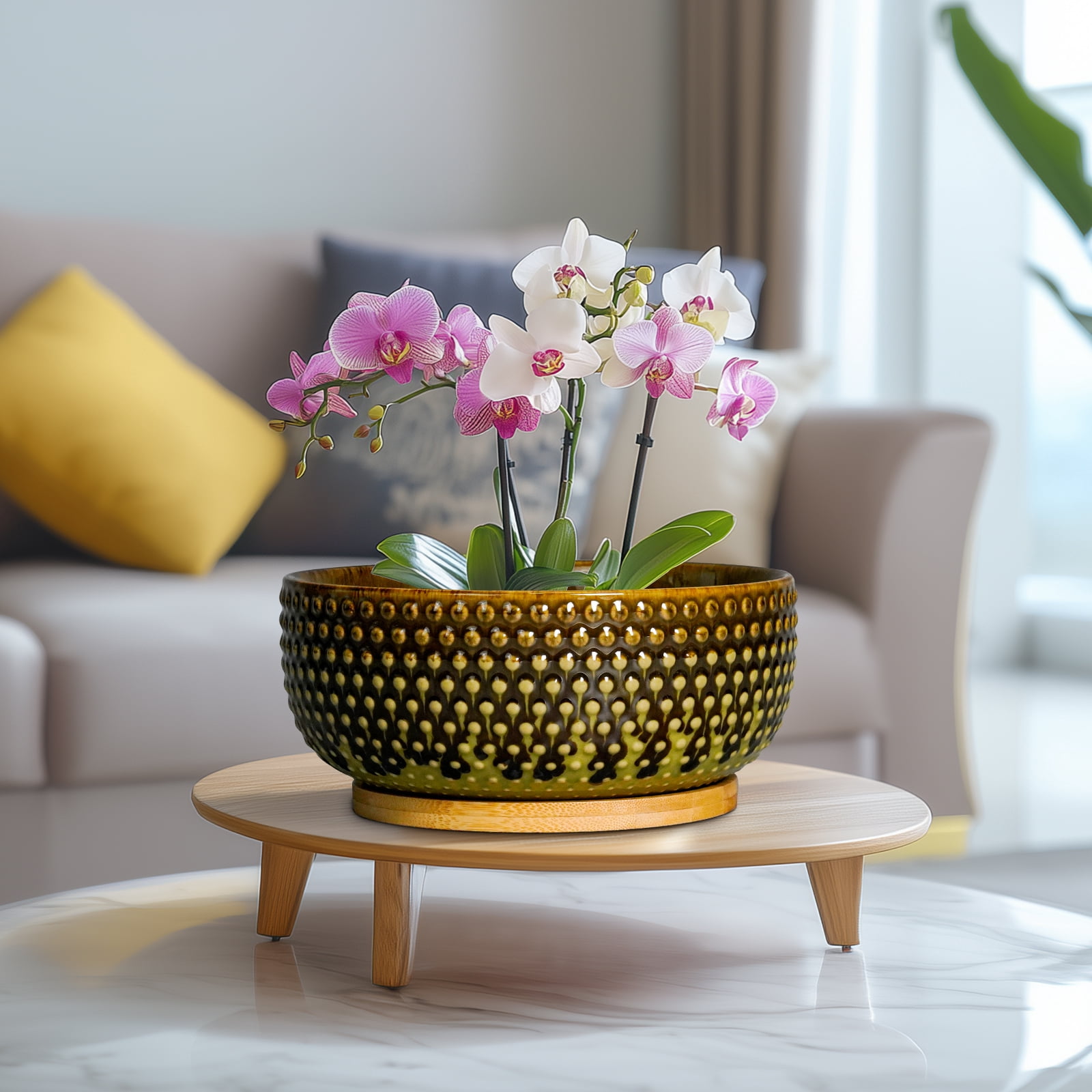 EPFamily 8 inch Brown-Green Succulent Planter Bowl with Drainage & Bamboo Saucer,Modern Ceramic Shallow Pots for Bonsai Trees, Cacti, Indoor Plants