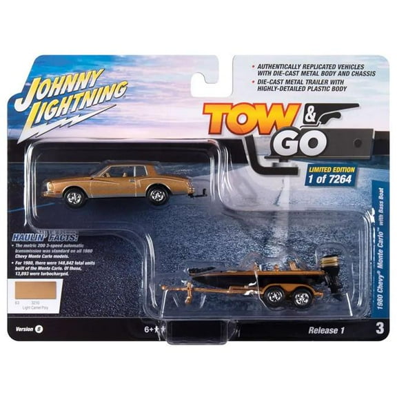 1 to 64 Scale 1980 Chevrolet Monte Carlo Light Camel Gold Metallic with Bass Boat & Trailer Limited Edition to 7264 Piece Worldwide Tow & Go Series Diecast Model Car