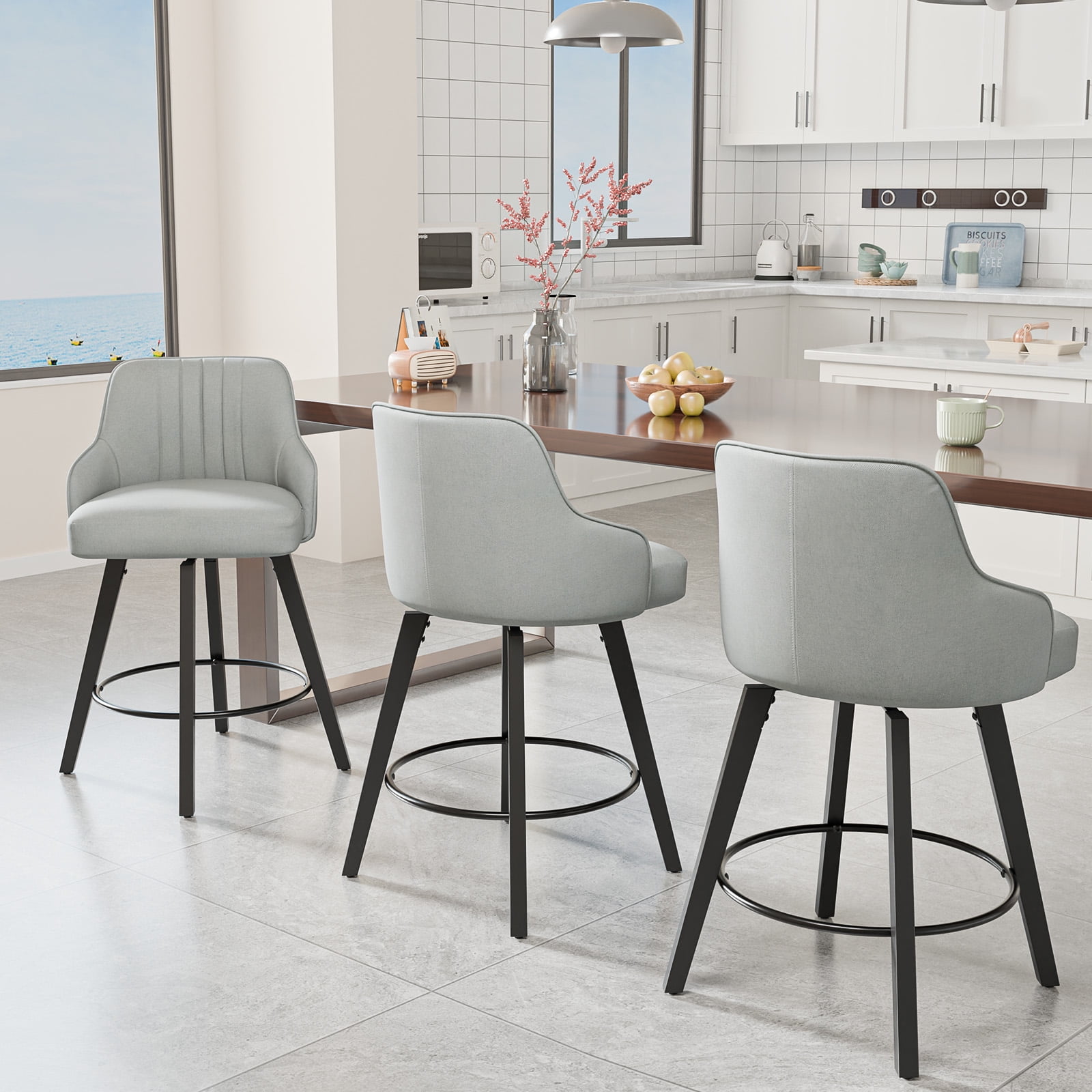 Ktaxon Swivel Bar Stools, 35" Counter Height Adjustable Fabric Bar Stools for Kitchen Island, Modern Gray, 1 PCS