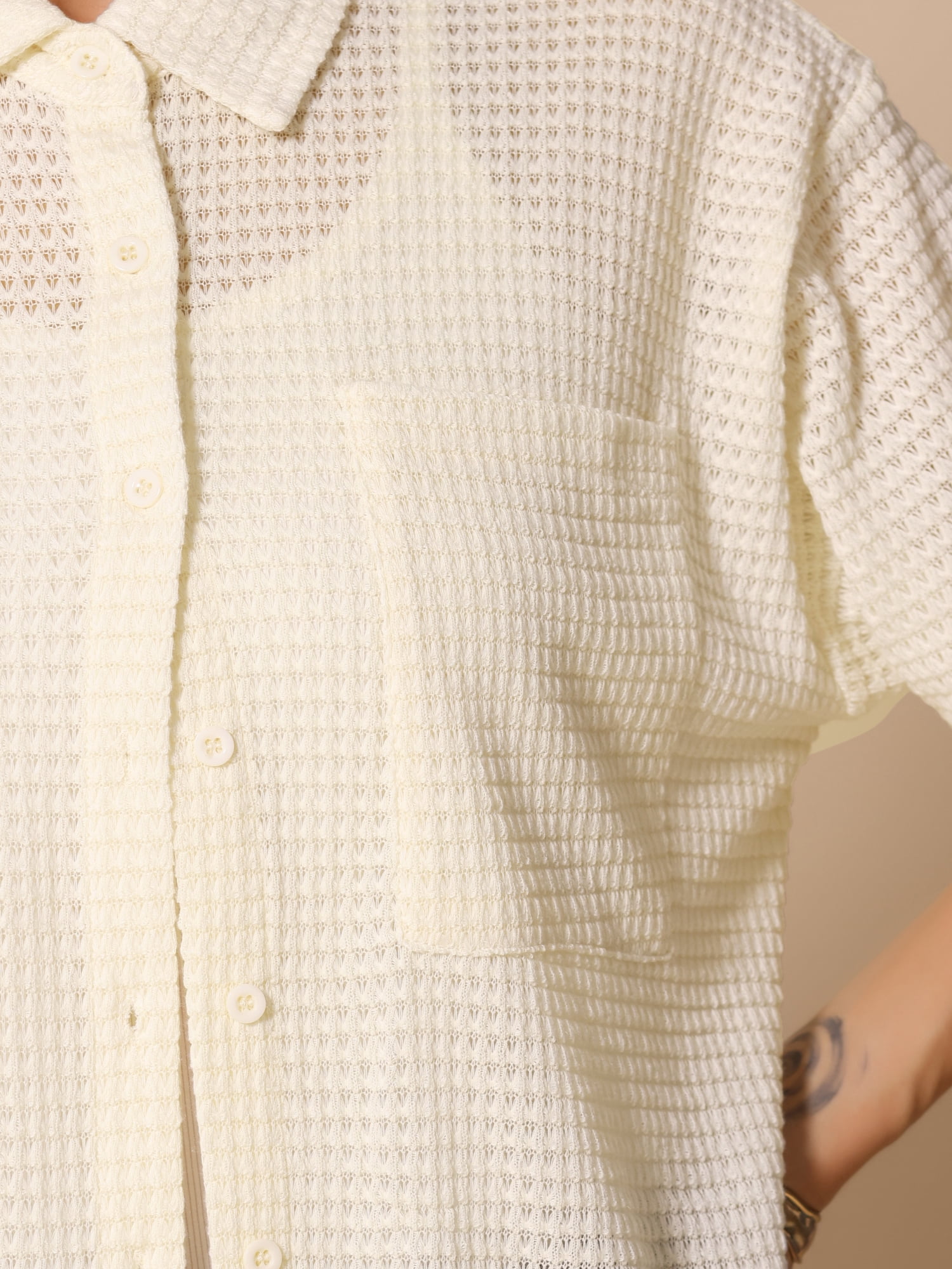 DARING DIVA Women's Short Sleeve Waffle Knit Summer Shirts Tops L Beige