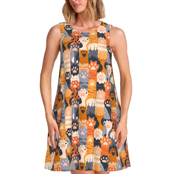 Naloa Cat Paws Print Women's Summer Spring Casual Beach Sundress,Vacation Sleeveless Tank Crewneck Loose Dresses