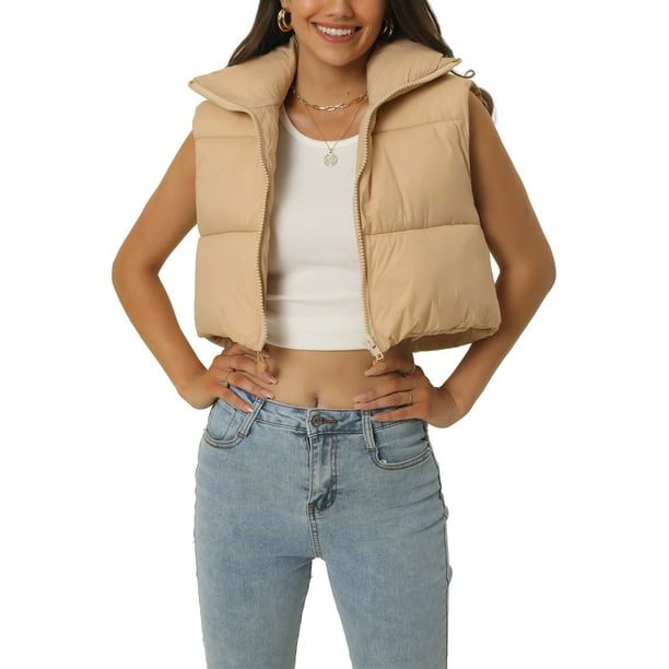 Chaleco acolchado ligero de mujer INSPIRE CHIC con cuello alto y cremallera, chaleco corto, talla S, color caqui