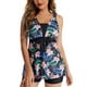 thumbnail image 2 of Traje de baño Tankini para mujer, traje de baño de dos piezas con lazo frontal, Control de barriga, elástico, transpirable, sin espalda, traje de baño con flor de lirio, pantalones cortos negros M, 2 of 6