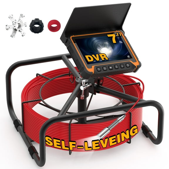 AENKYO Sewer Inspection Camera 100ft with 7in Monitor & DVR - Portable Self Leveling Pipe Camera for Plumber & Homeowner