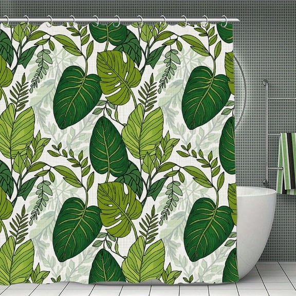 Boho Green Leaves Print Shower Curtain,Modern Fabric Waterproof Shower Curtain Set with Hooks 70.8×70.8Inch (180×180cm)