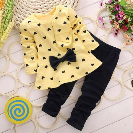 

AOOCHASLIY Baby Days Toddler Kids Baby Girls Heart-shaped Print Bow Kids T shirt Pants Clothes Set
