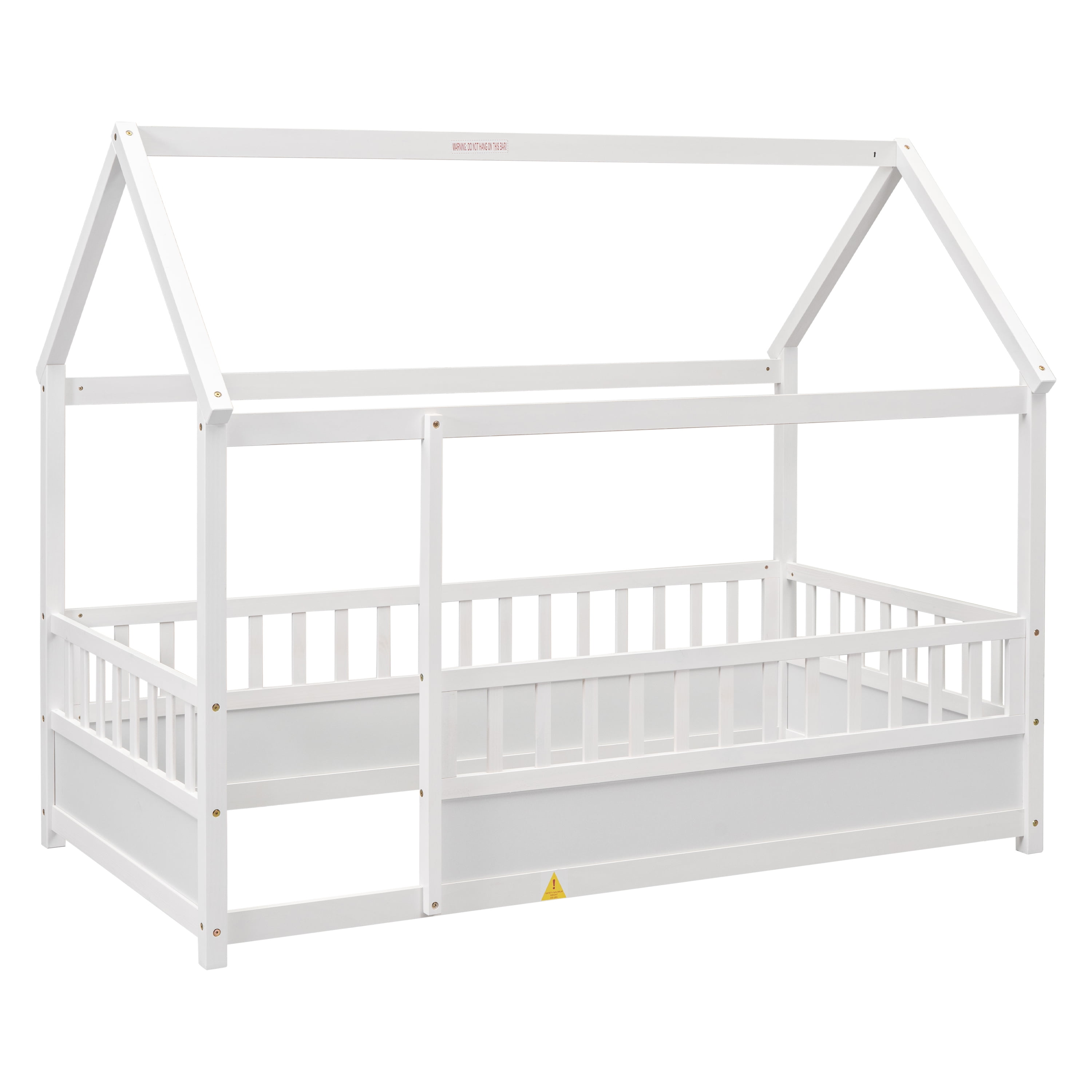 Floor Wooden Bed with House Roof Frame, Twin Size Fence Guardrail Bed for Kids, White Pine Wood Children's Bedroom Furniture, 20-Inch High Fence with Roof Structure
