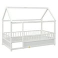thumbnail image 6 of Floor Wooden Bed with House Roof Frame, Twin Size Fence Guardrail Bed for Kids, White Pine Wood Children's Bedroom Furniture, 20-Inch High Fence with Roof Structure, 6 of 11