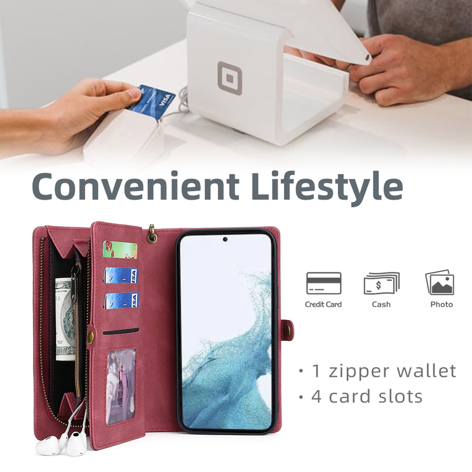 for Samsung Galaxy S25 Plus Case for Women Men, Removable Durable PU Leather Magnetic Flip Strap Wristlet Zipper Purse Card Holder Detachable Wallet Phone Cases for Samsung Galaxy S25 Plus, Red