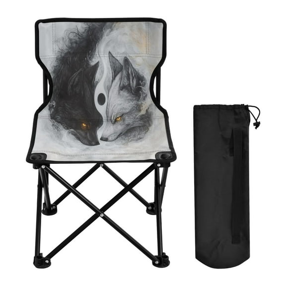 WOBOGO Black White Wolf Pattern Camping Chair Convenient Four Corner Backrest Folding Stool Can Hold Up to 220lbs