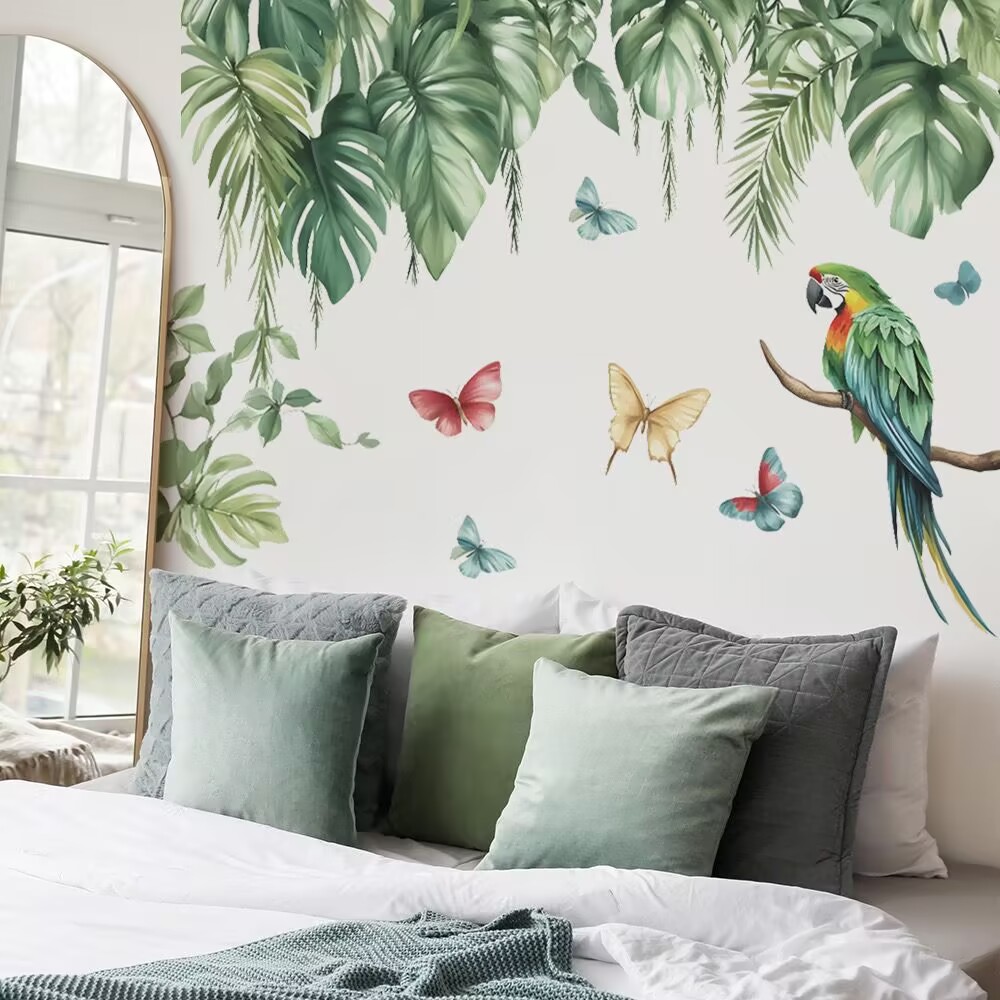 Tropical Plant Birds Wall Decals Stickers, Palm Leaves Parrot Toucan Home Bedroom Decor, Hanging Vines Hibiscus Flower Living Room Kitchen Decorations Art