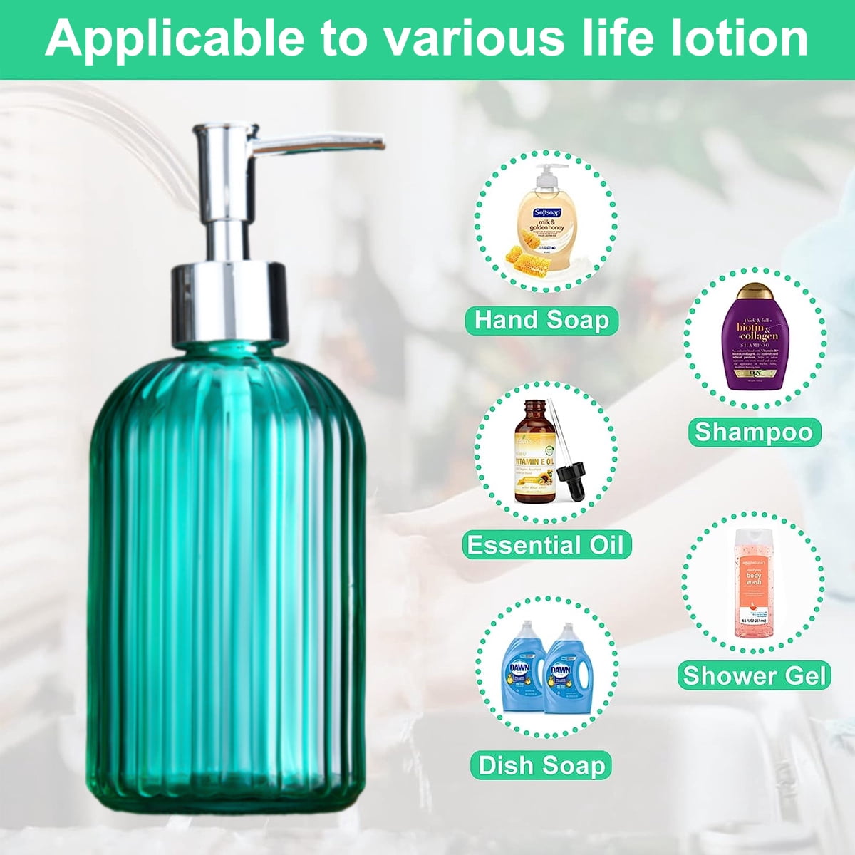 Soap Dispenser - 2 Pack 400Ml Glass Soap Dispenser, Refillable Liquid Bottle Dispenser, Hand Jar Dispenser For Bathroom, Kitchen, Countertop - Blue+Green