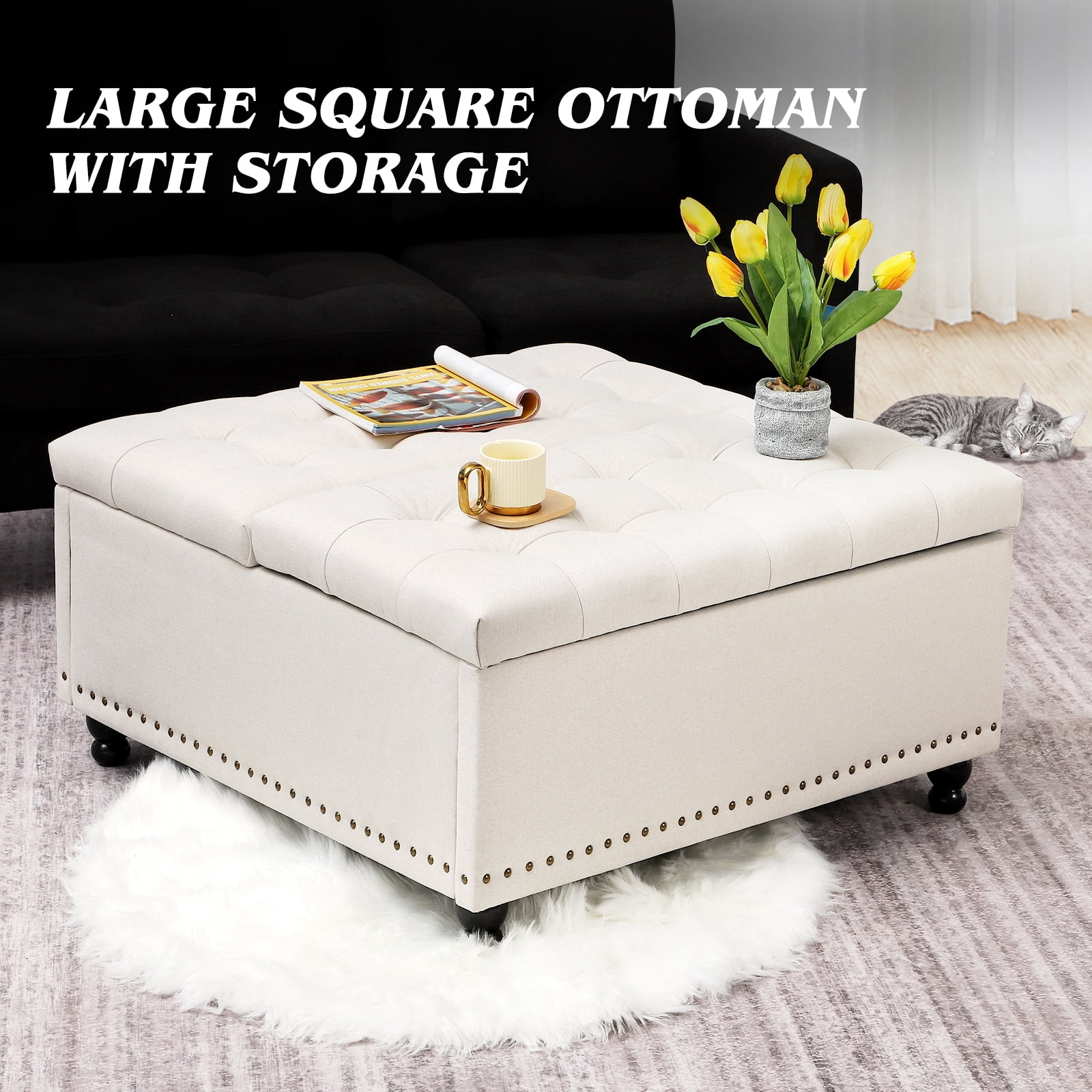 Magic Union 35 Inch Extra Large Ottoman with Storage, Large Square Storage Ottoman Coffee Table with Lift Top Tufted Linen Look upholstered Ottomans for Living Room-White