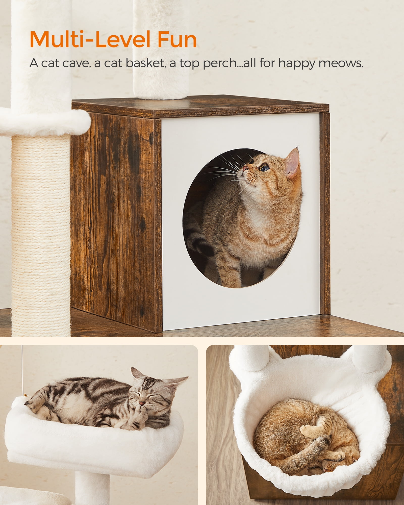 WoodyWonders 2-in-1 Cat Tree with Litter Box Enclosure - Modern Cat Condo with Scratching Posts, Rustic Brown