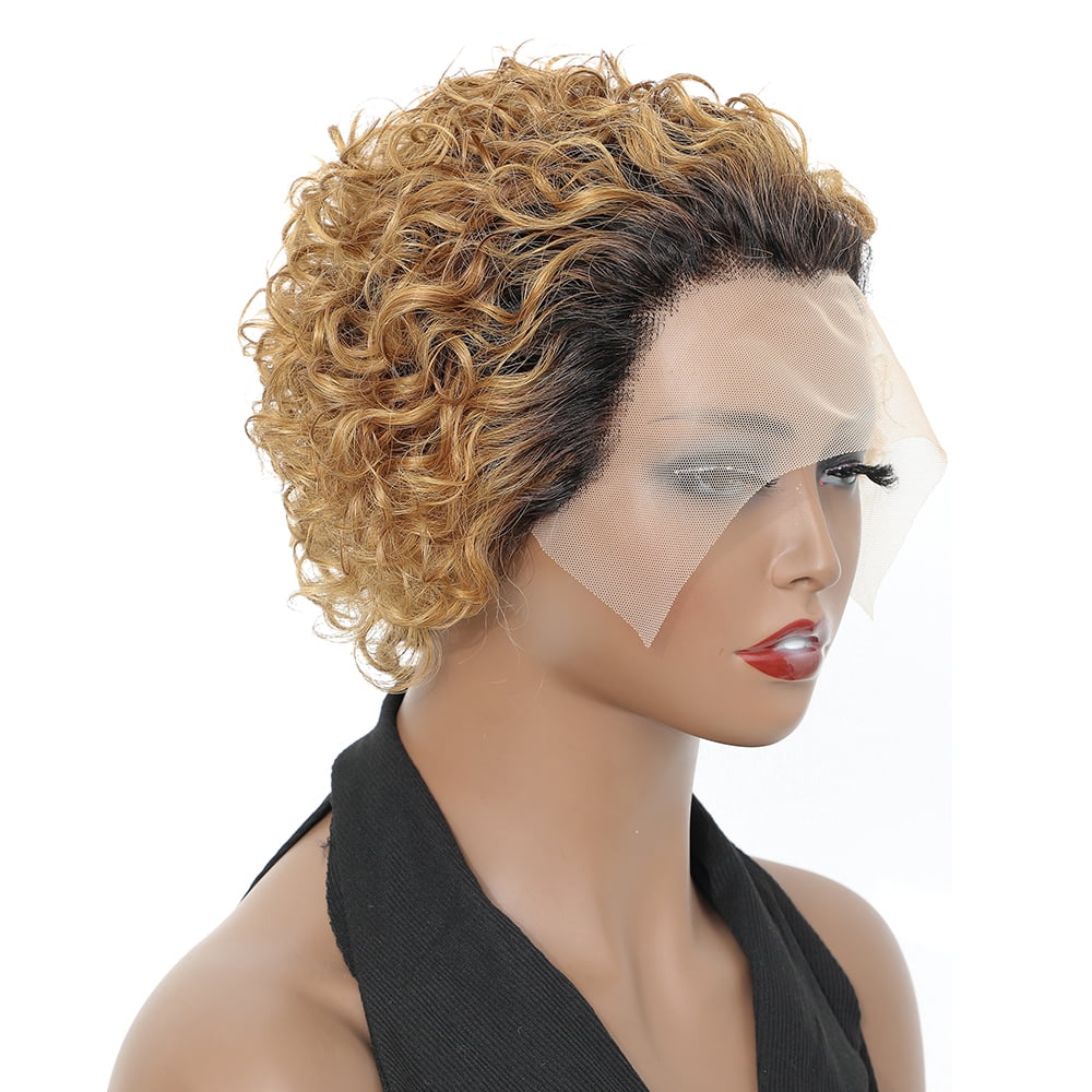 Urbeauty Short Curly Lace Front Wigs for Women 1B/27 Ombre Color Pixie Cut Wigs Human Hair Honey Brown Short Curly Human Hair Wigs Pre Plucked with Baby Hair