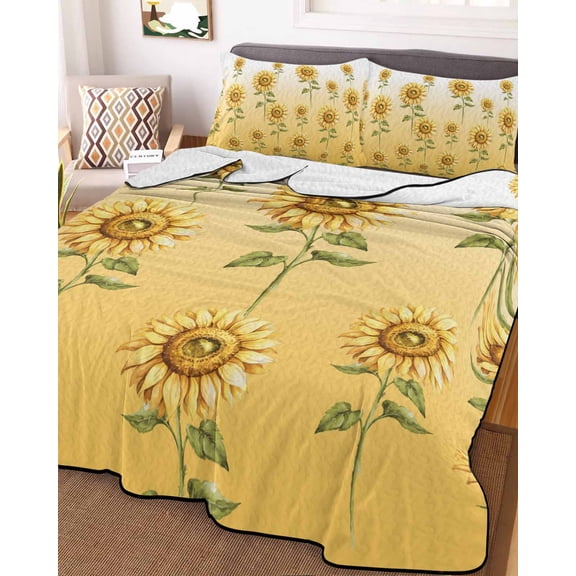 Sunflower King Size Down Alternative Comforter, Lightweight Comforter Quilt Bedding Set with Pillow Shams Watercolor Yellow Flower Gradient Plant All Seasons Bed Comforter Duvet Insert 96"x106"