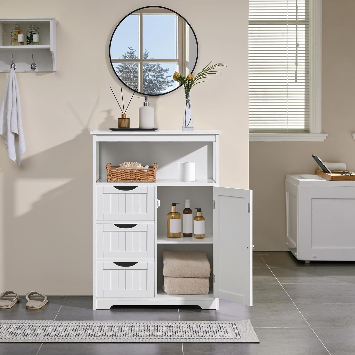 GMNIU Bathroom Storage Cabinet Bathroom Floor Cabinet Freestanding Storage and Organizer with Door, 3 Drawers, Adjustable Shelf, 35.5 Inches Height, White