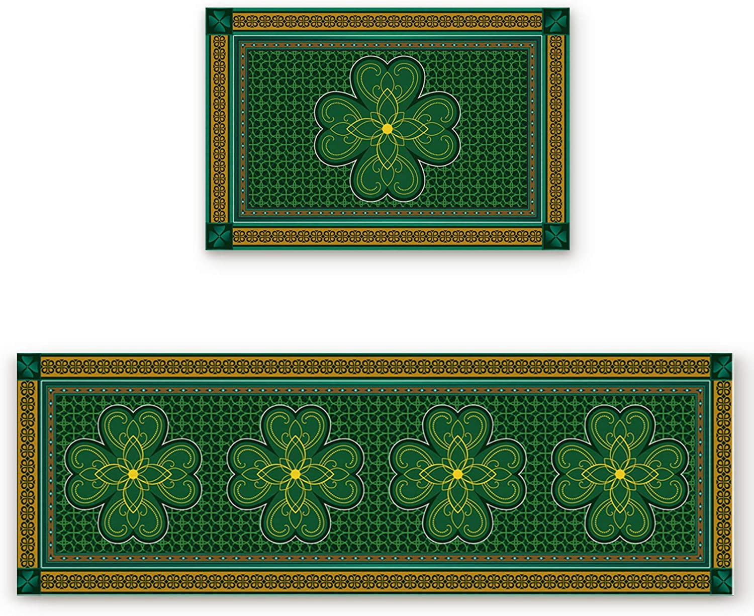 St. Patrick''s Day Kitchen Rugs and Mats, Irish Traditional Shamrock Floor Doormat Washable Comfort Runner Carpet 2 Piece Non-Slip Rubber Backed Area Rugs for Indoor Decor Classic Celtic Lucky Clover