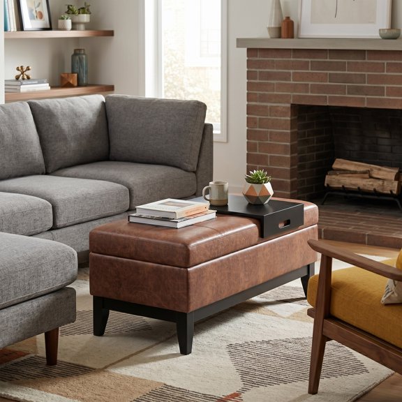 Oregon 42" W Storage Ottoman Bench in Distressed Saddle Brown Faux Leather