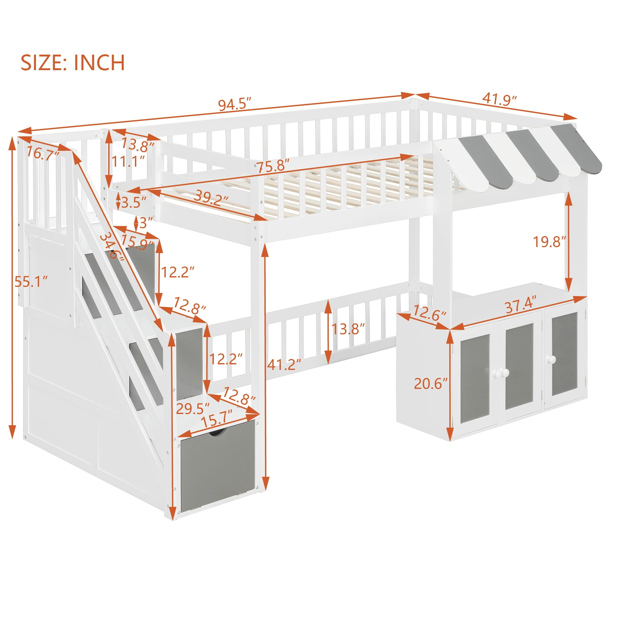 Mintazer Twin Size Loft Bed with Play Storefront & LED Lights, Kids Loft Bed with Guardrail and Storage Staircase & Cabinet for Bedroom, White & Gray