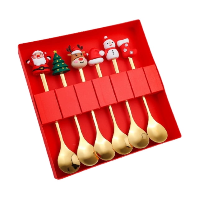 Juego de 6 cubiertos navideños con estuche de regalo, cuchara de café, cuchara de postre navideña, vajilla para pasteles, helados, fiestas, cocina Estilo C
