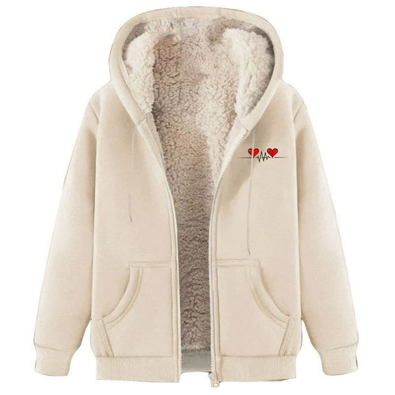 cocolona Womens Full Zip Up Hoodies Winter Warm Fleece Lined Hooded Sweatshirt Jacket Fashion Casual Heart Print Coat with Pockets