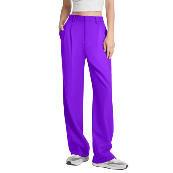Ramiter Wide Leg Pants Woman Women's Casual High Waisted Suit Pants Straight Leg Zipper Fly Pleated Pants with Pockets Purple,2XL