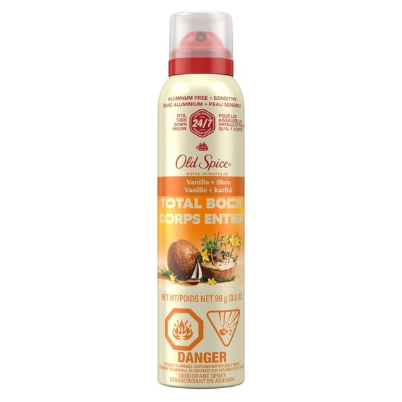 Old Spice Total Body Deodorant Aluminum Free Spray Vanilla + Shea, 24/7 Freshness From Pits to Toes and Down Below // Dermatologist Tested Full Body Deodorant