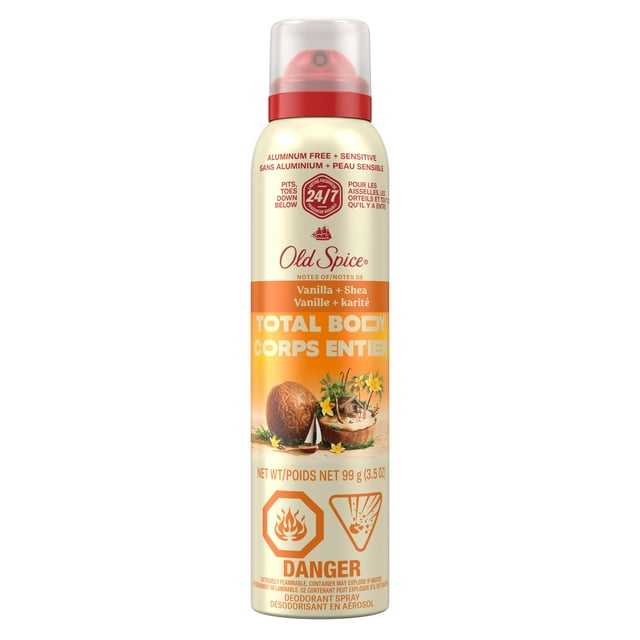Old Spice Total Body Deodorant Aluminum Free Spray Vanilla + Shea, 24/7 Freshness From Pits to Toes and Down Below // Dermatologist Tested Full Body Deodorant
