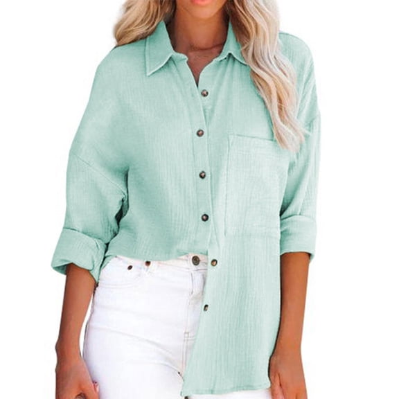 Baqcunre Long Sleeve Shirts For Women Ladies Summer Stand Collar Loose Button Up Women Solid Color Shirts Casual Pocket Shirts Tops Womens Fall Fashion 2023 Womens Fashion Green L