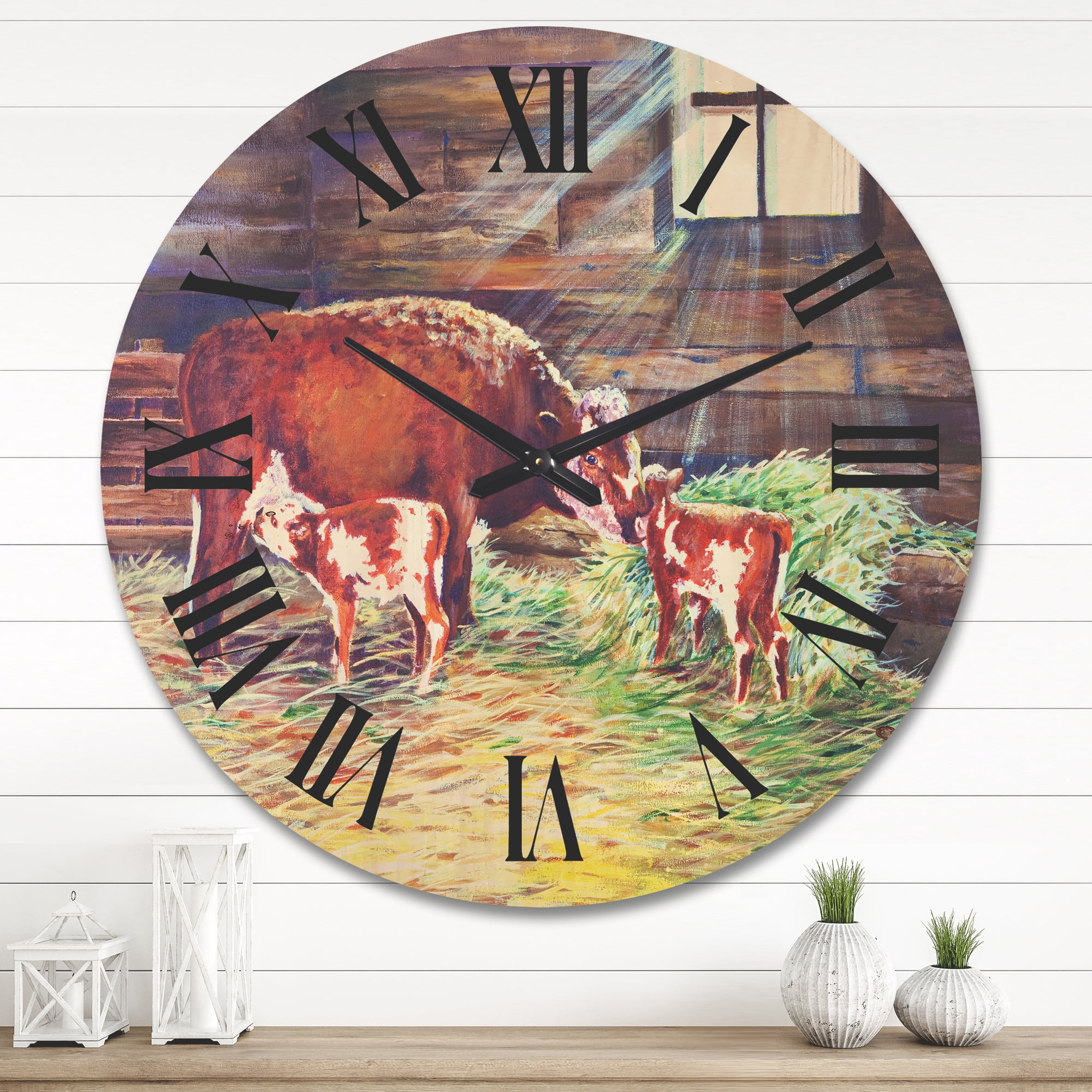 Designart 'Newborn Twin Calves With Cow At The Farm' Farmhouse Wood Wall Clock