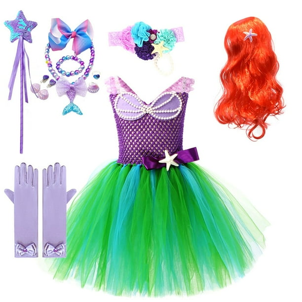 Disfraz de sirenita para niña, vestido de princesa Ariel, tutú de tul mullido púrpura y verde, para fiesta de disfraces, nuevas películas Fivean unisex