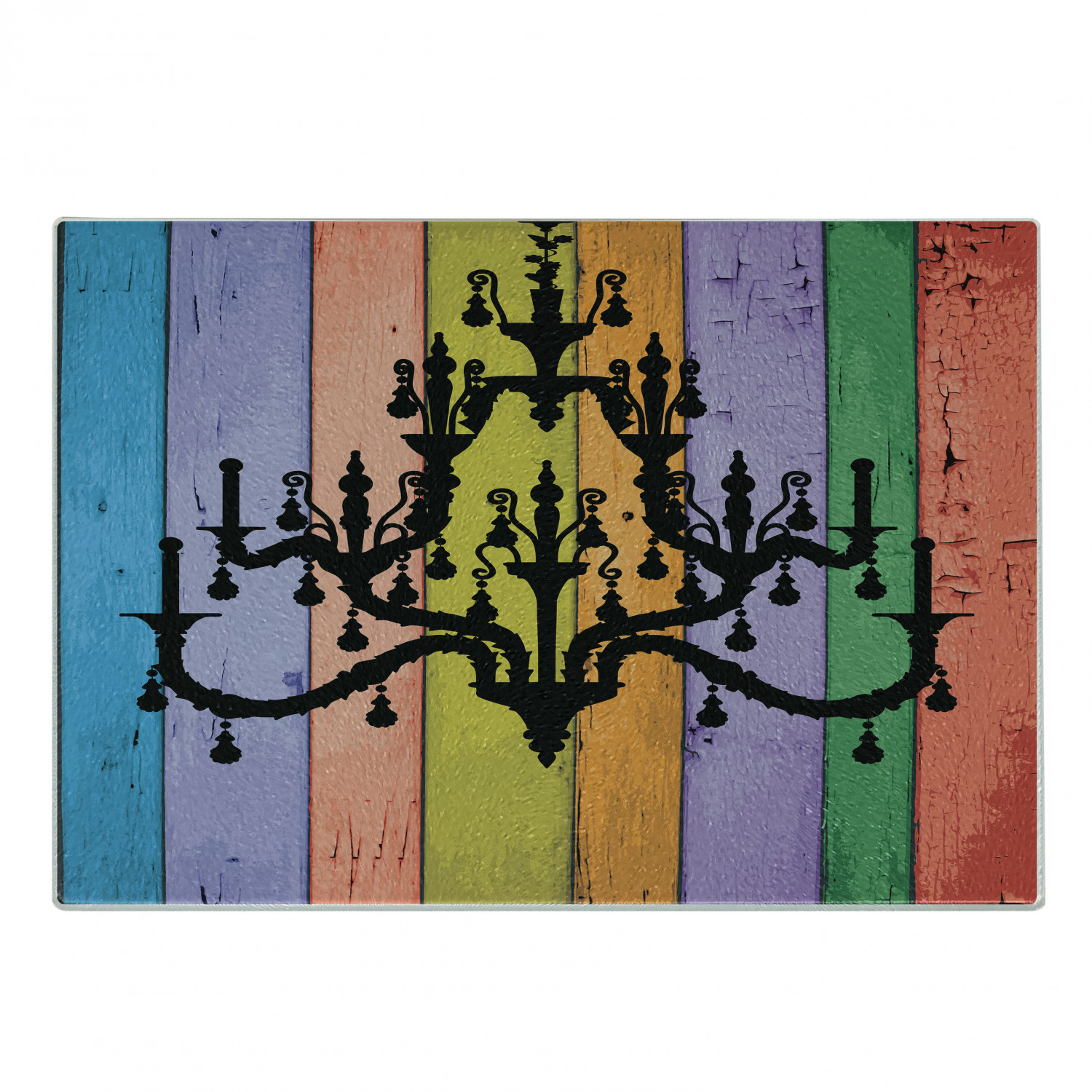 Vintage Cutting Board, Silhouette of an Old Victorian Chandelier on Colorful Rustic Wooden Planks Image, Decorative Tempered Glass Cutting and Serving Board, in 3 Sizes, by Ambesonne - image 1 of 2