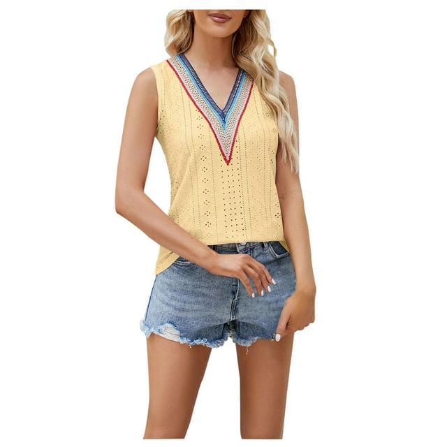 Cameland Mode Femme Été Col en V Dentelle Patchwork Sans Manches Haut Blouse Aguichant