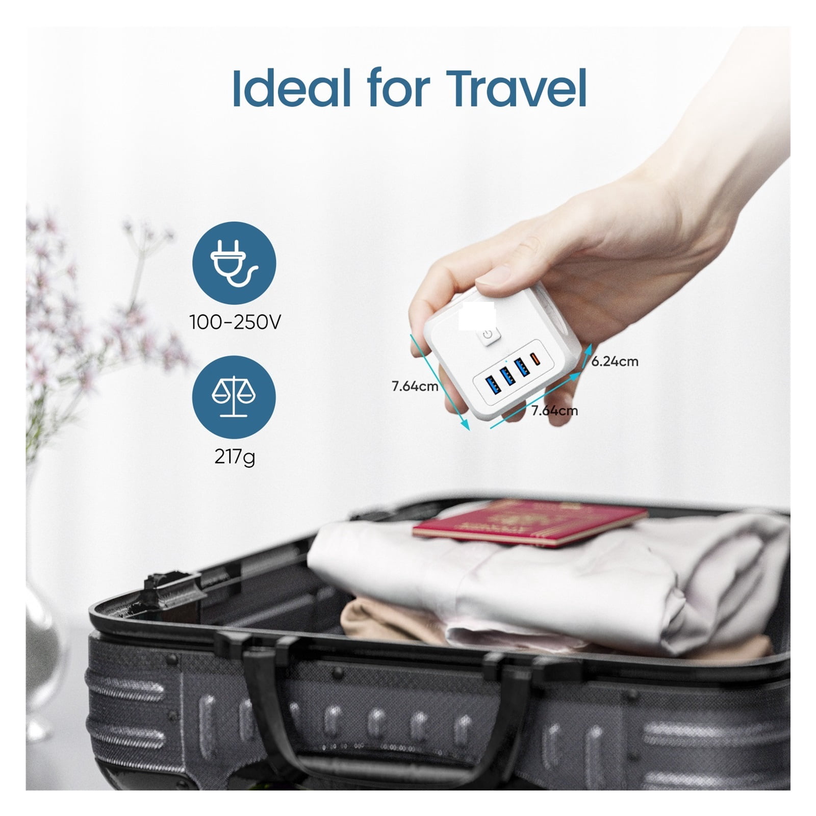 Power Strip With 3 AC Outlets +3 USB Charging Ports+ 1 Type C 5V 2.4A Adapter 7-in-1 Socket On/Off Switch