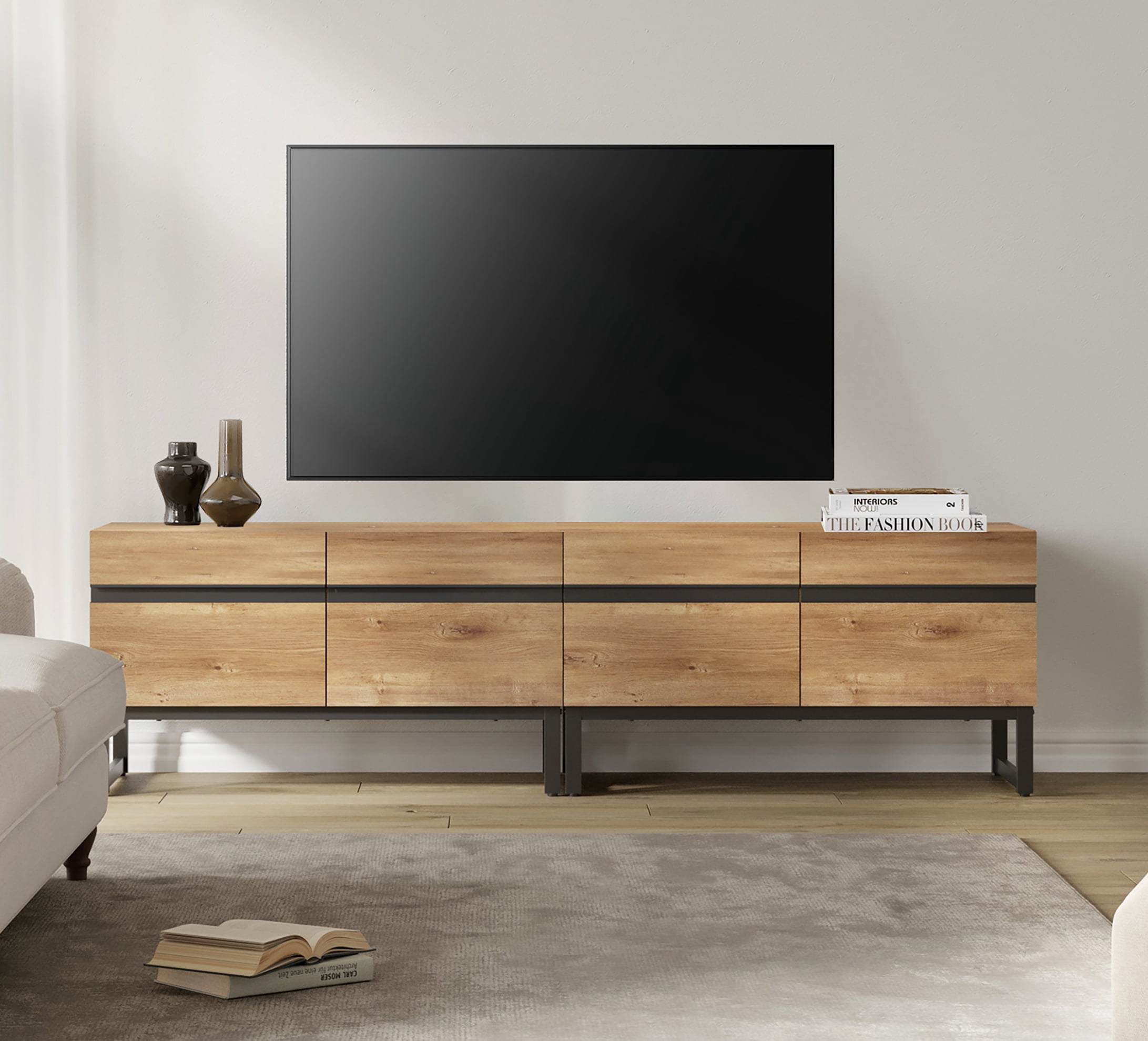 Modern 3-Piece Living Room Set, 71 Inch TV Stand And 2 End Table Sets With Drawers, Media Console with Storage Shelves, Sturdy Wood Frame & Metal Legs, Contemporary Furniture for Living Room,Oak