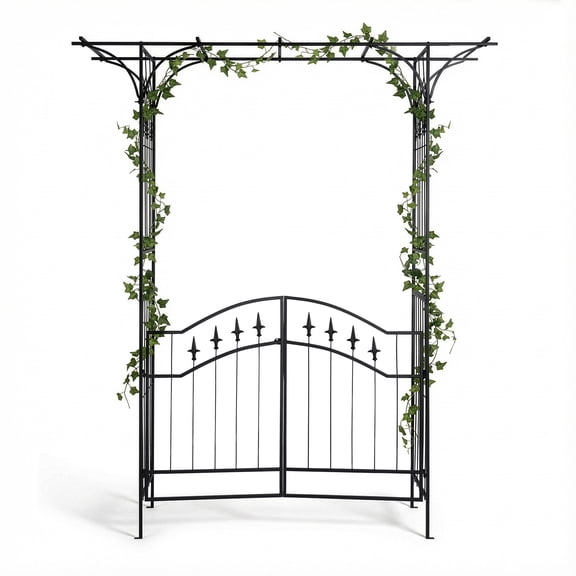 Ktaxon 6.8ft Flat Top Garden Arch with Door, Iron Metal Trellis for Climbing Plants Outdoor, Black