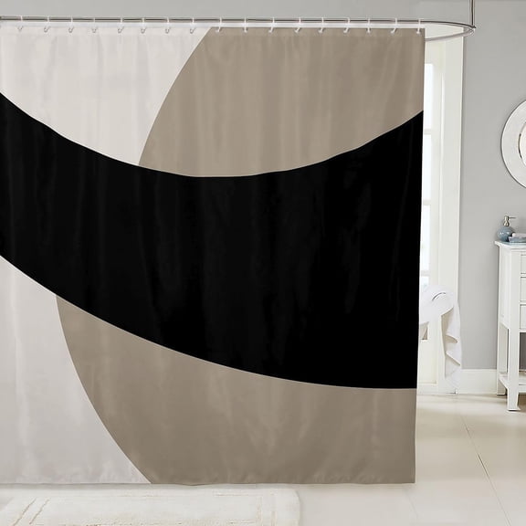Modern Abstract Color Block Shower Curtain Black Beige and White Fabric Bathroom Decor 71x71 inches