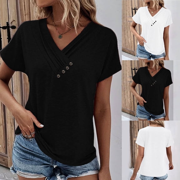 HAPIMO Women's Trendy Loose Pullover Clearance for Teen Girls Solid Color Pleated Summer Tees Short Sleeve Casual Relaxed Workout Blouses V Neck Button Shirts Black L