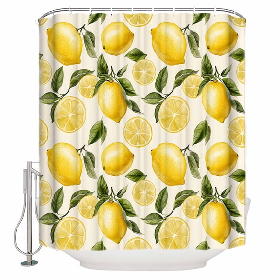 Shower Curtain Bathroom Set Summer Lemon Green Leaf Watercolor Waterproof Fabric Shower Curtains with Grommets&Hooks Farm Fruit Harvest Privacy Bath Curtain for Bathtub 36x72in