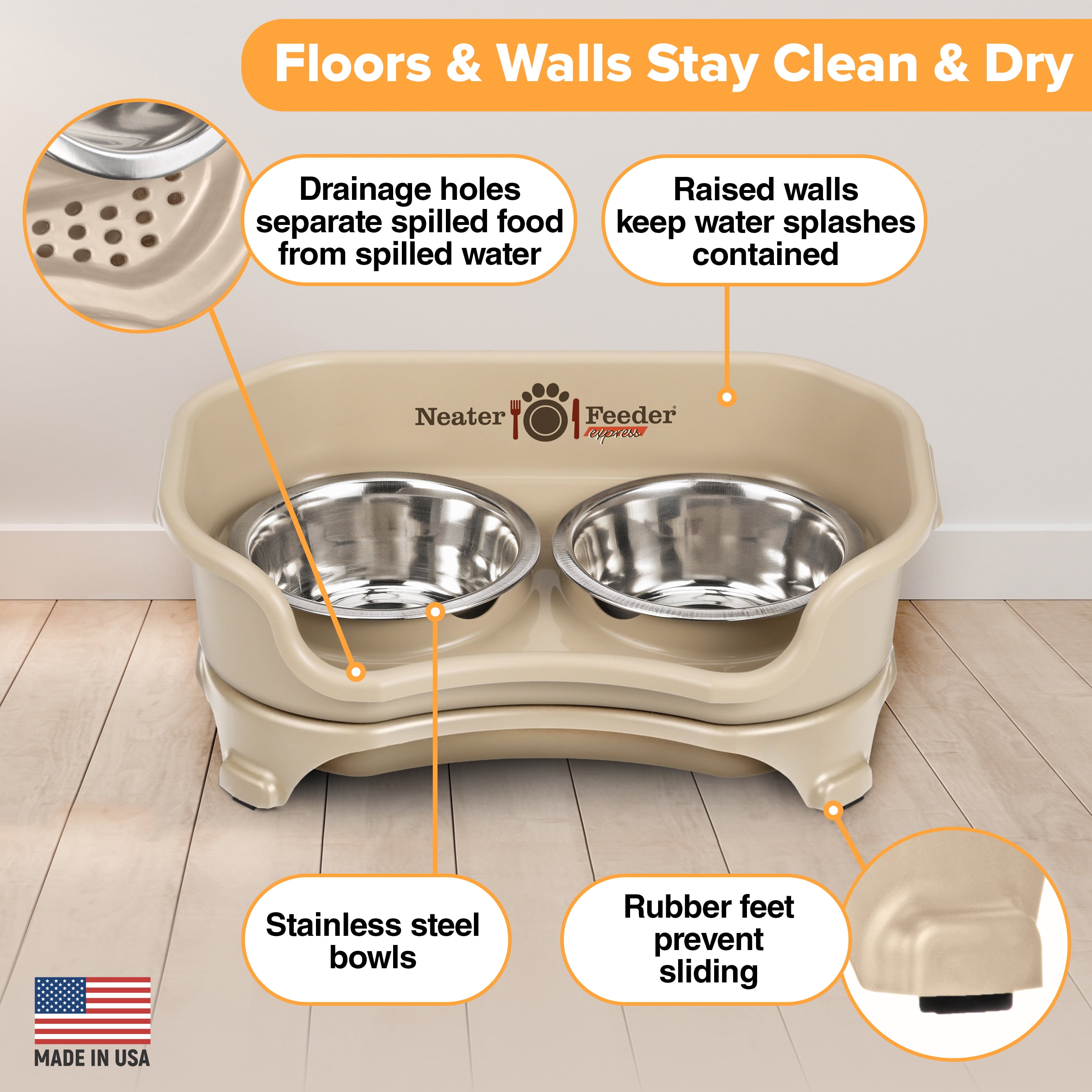 Neater Pets Neater Feeder Express Mess-Proof Elevated Food & Water Bowls for Small Dogs, Almond