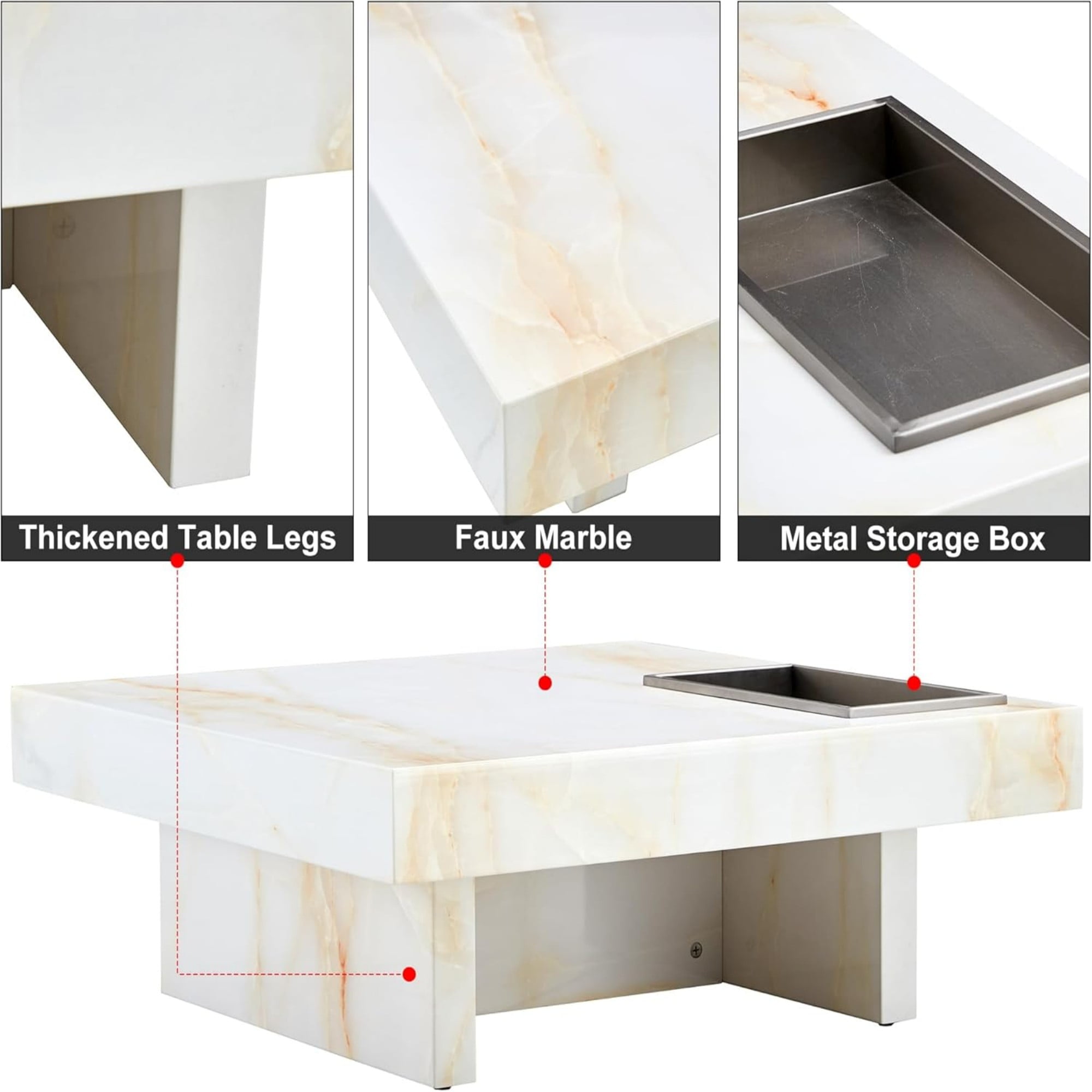 Compact Marble Coffee Table, Sudica 31" Square Center Table with Stainless Steel Storage for Living Room, Beige