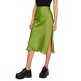 thumbnail image 4 of HGIEYS Women High Waist Silky Satin Midi Skirt Elastic Waist A Line Skirt with Slit, 4 of 6
